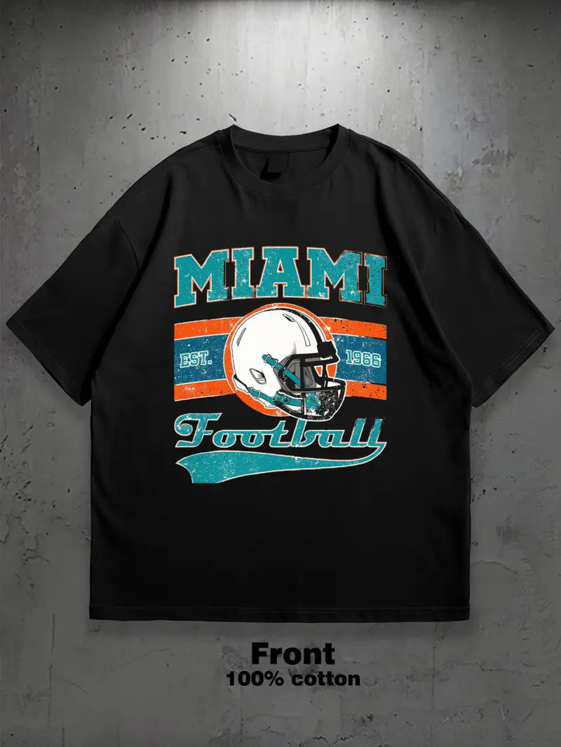 Men's & Women's Miami Football Graphic T-Shirt - 100% Cotton Retro Vintage Design with Bold Teal & Orange Lettering, Regular Fit Short Sleeve Casual Tee for Sports Fans