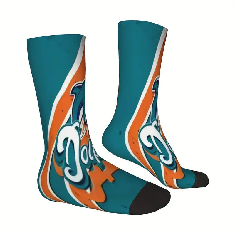 Dolphin Football Team Print Design Socks, Made of Polyester And Spandex, Knitted Fabric